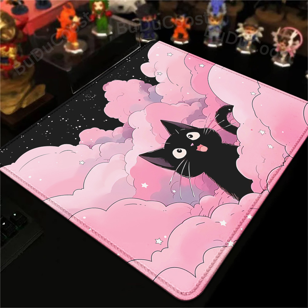 Desk Setup Pink - 18x22cm Small Rug Black Cat Clouds